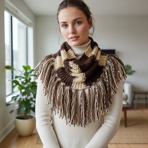 NEW Hand Knitted Brown Beige Boho Cowl Scarf Cottage Indie Artsy‎ Earthy Hippie